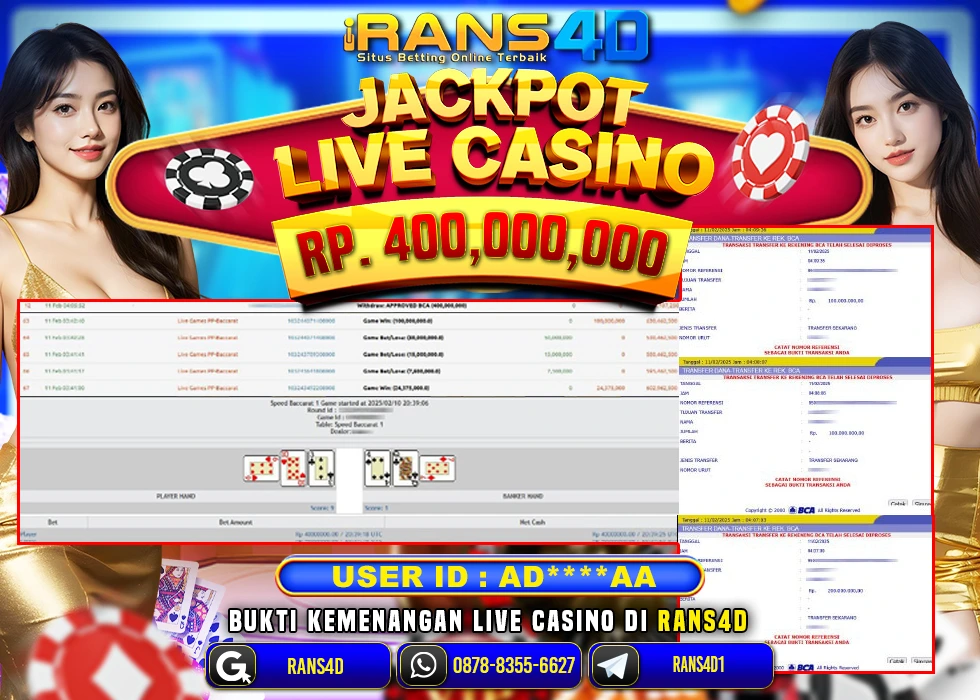 RANS4D LIVE CASINO BACCARAT PECAH RP 400.000.000 LUNAS