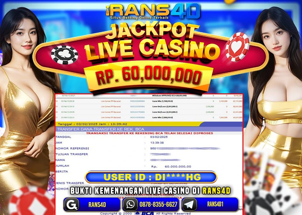 RANS4D SELAMAT LIVE CASINO BACCARAT  RP 60.000.000; LUNAS