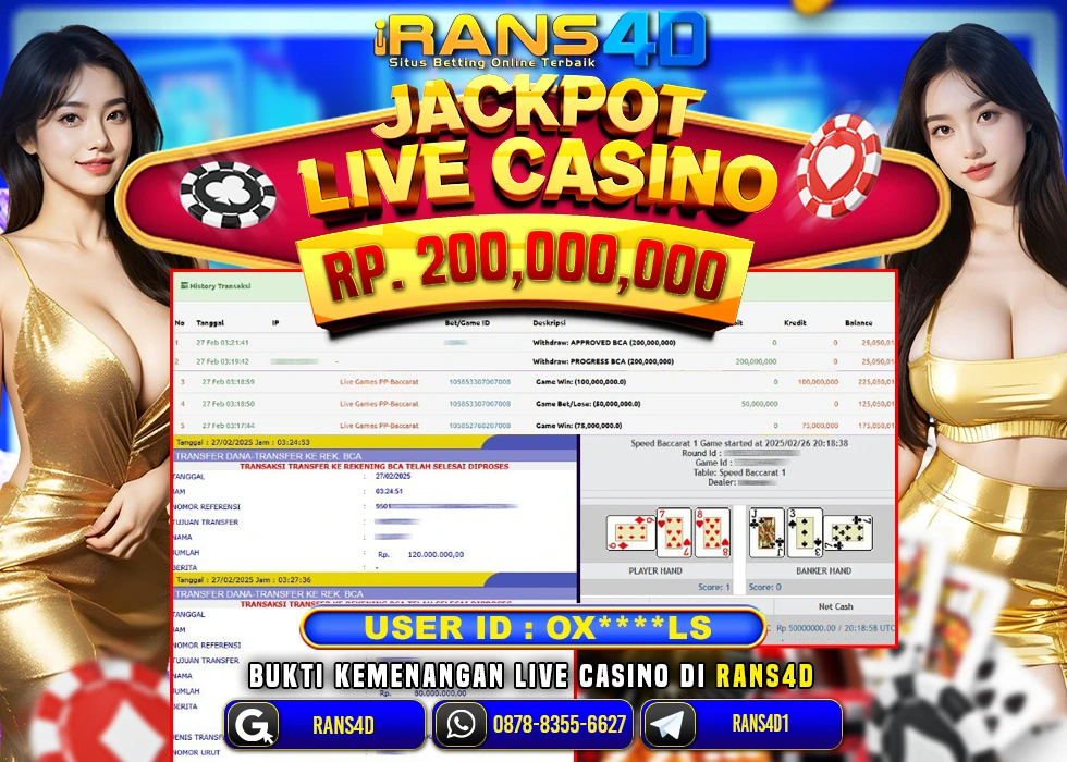 RANS4D LIVE CASINO BACCARAT PECAH RP 200.000.000 LUNAS