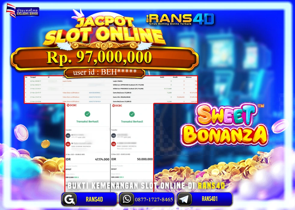 RANS4D JACKPOT SLOT SWEET BONANZA RP 97.000.000; LUNAS