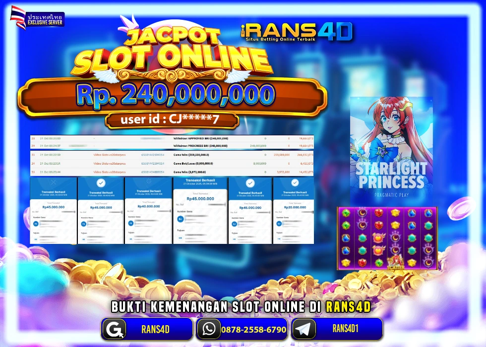 RANS4D JACKPOT SLOT STARLIGHT PRINCESS RP 240.000.000; LUNAS