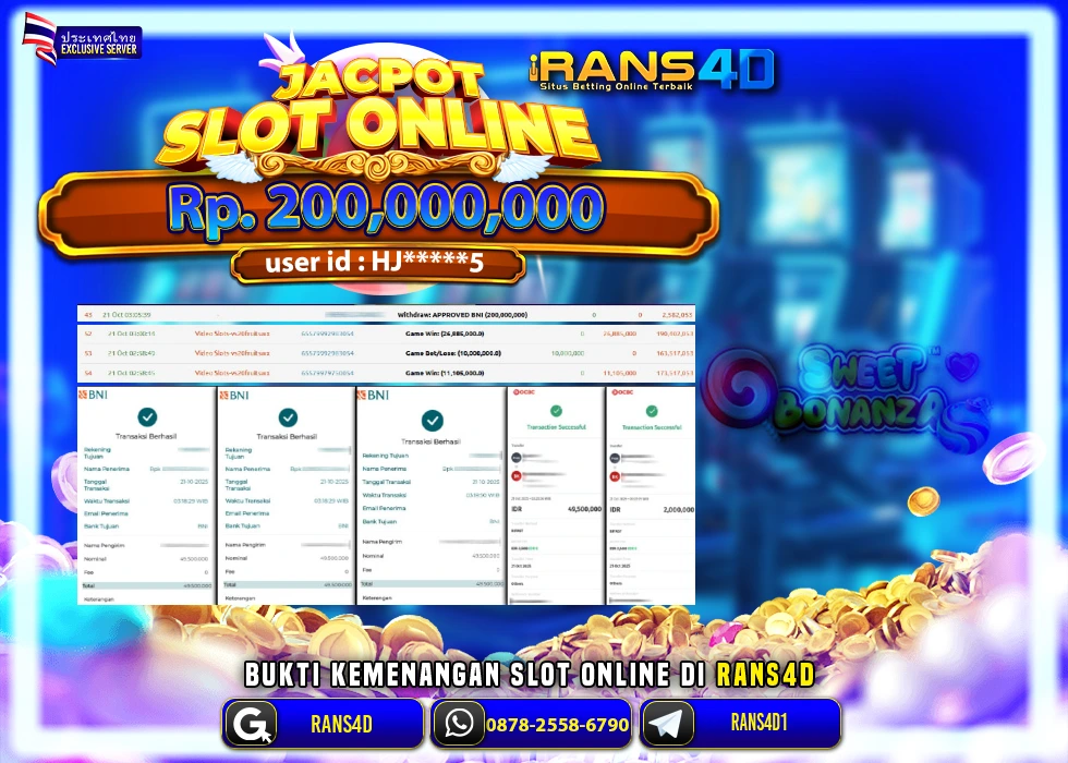 RANS4D JACKPOT SLOT SWEET BONANZA RP 200.000.000; LUNAS