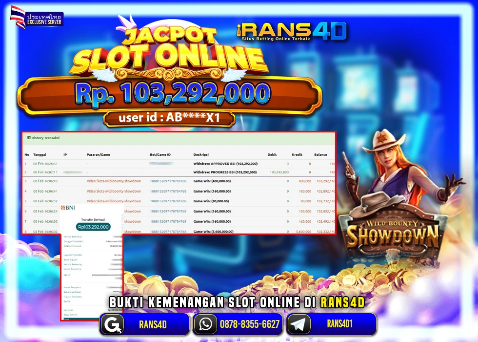 RANS4D SLOT WILD BOUNTY SHOWDOWN PECAH RP 103.292.000 LUNAS