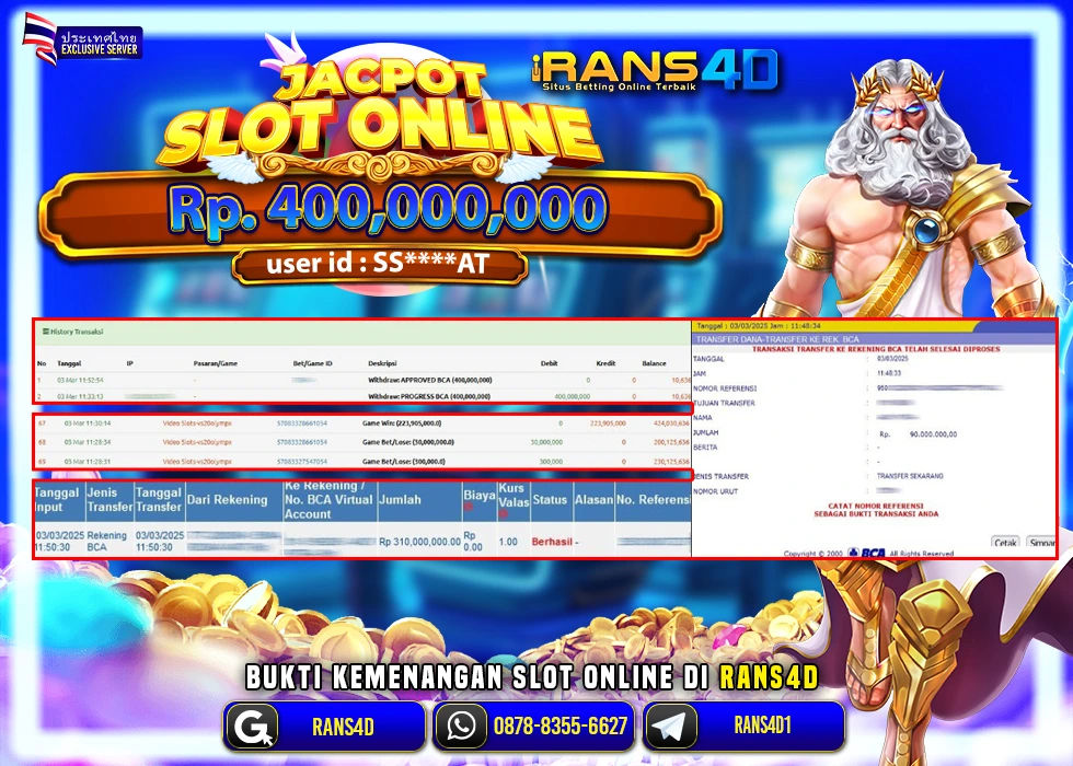 RANS4D SLOT GATES OF OLYMPUS PECAH RP 400.000.000 LUNAS