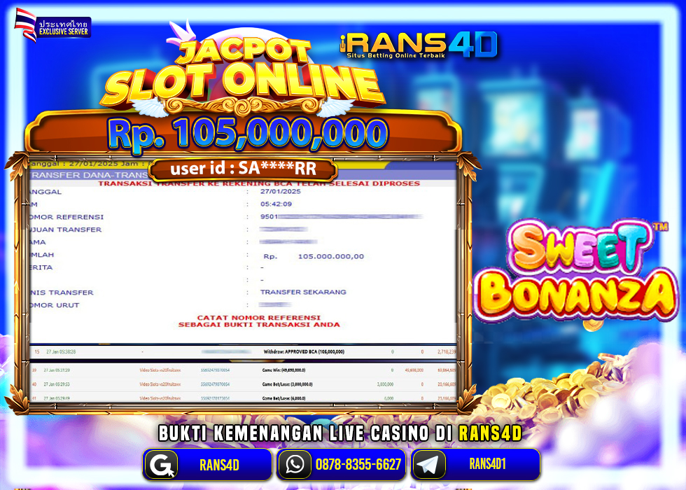 RANS4D SELAMAT JACKPOT SLOT SWEET BONANZA  RP 105.000.000; LUNAS