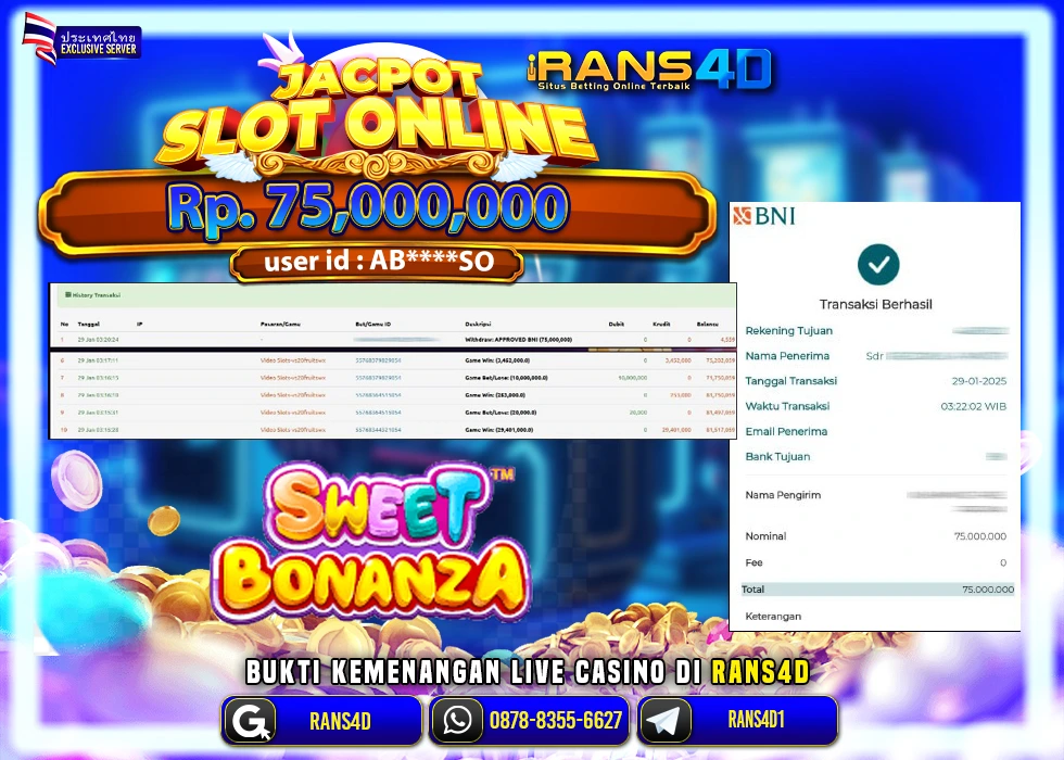 RANS4D SELAMAT JACKPOT SLOT SLOT SWEET BONANZA  RP 75.000.000; LUNAS