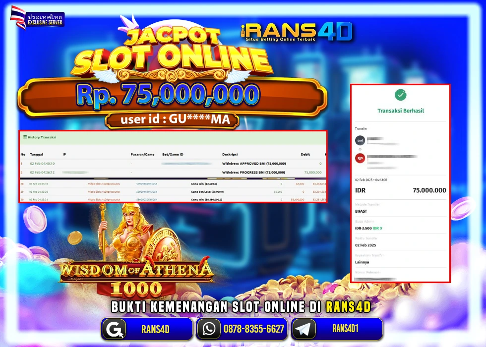 RANS4D SLOT WISDOM OF ATHENA PECAH  RP 75.000.000; LUNAS