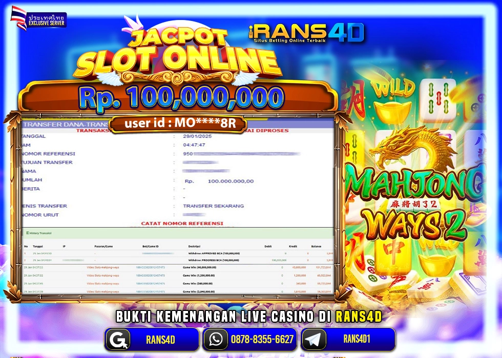 RANS4D SELAMAT JACKPOT SLOT MAHJONG WAYS  RP 100.000.000; LUNAS