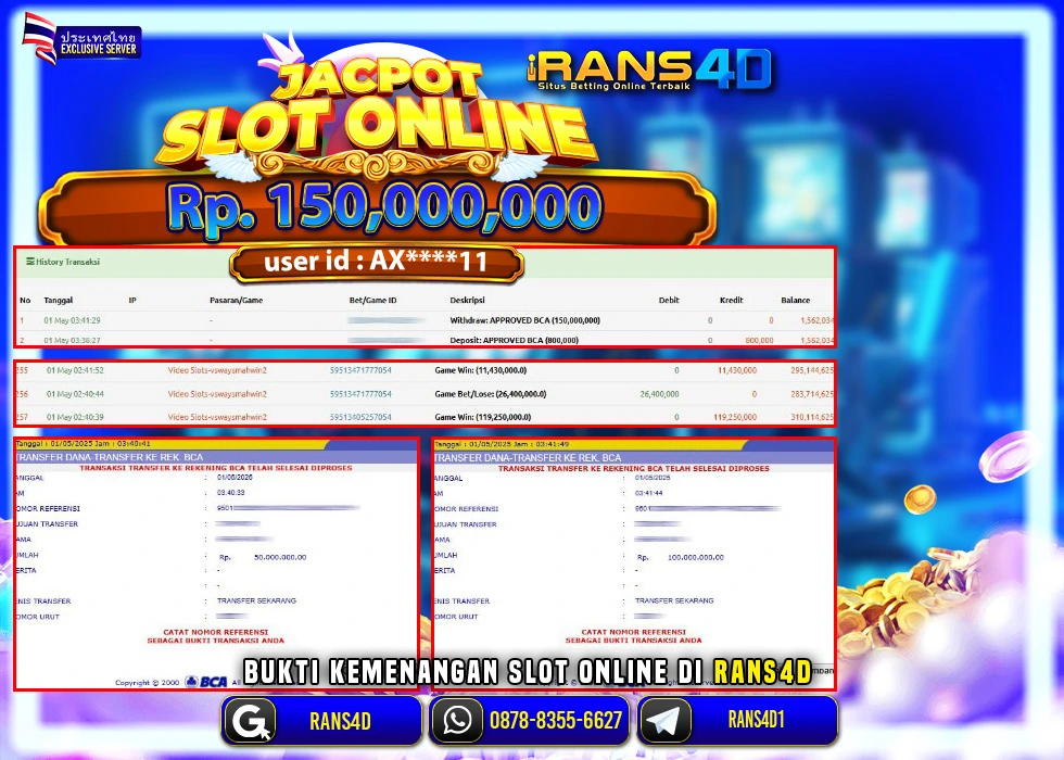 RANS4D SELAMAT JACKPOT SLOT MAHJONG WAY2  PECAH RP 150.000.000,- LUNAS