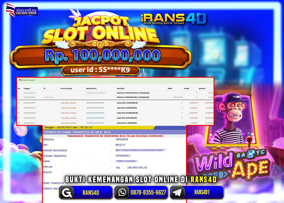 RANS4D SLOT WILD APE PECAH RP 100..000.000 LUNAS