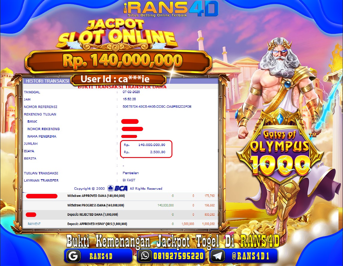 RANS4D SELAMAT JACKPOT SLOT KAKEK ZEUS 1000  RP 140.000.000; LUNAS