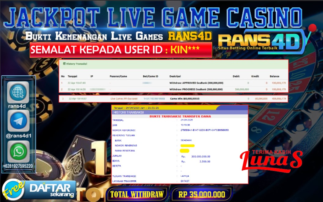 RANS4D SELAMAT JACKPOT LIVE GAME CASINO  RP 300.000.000; LUNAS