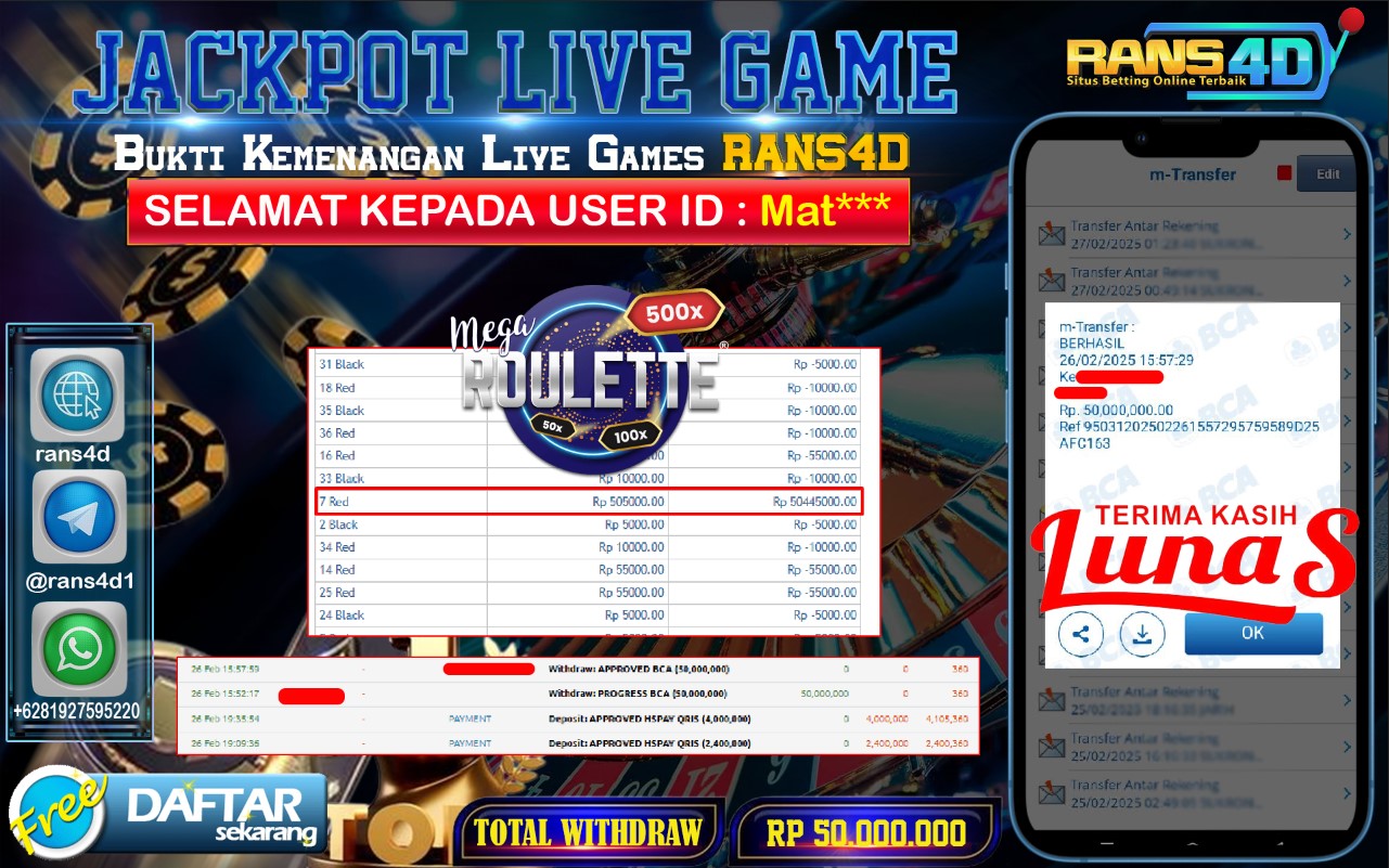RANS4D SELAMAT JACKPOT LIVE GAME  1000  RP 50.000.000; LUNAS
