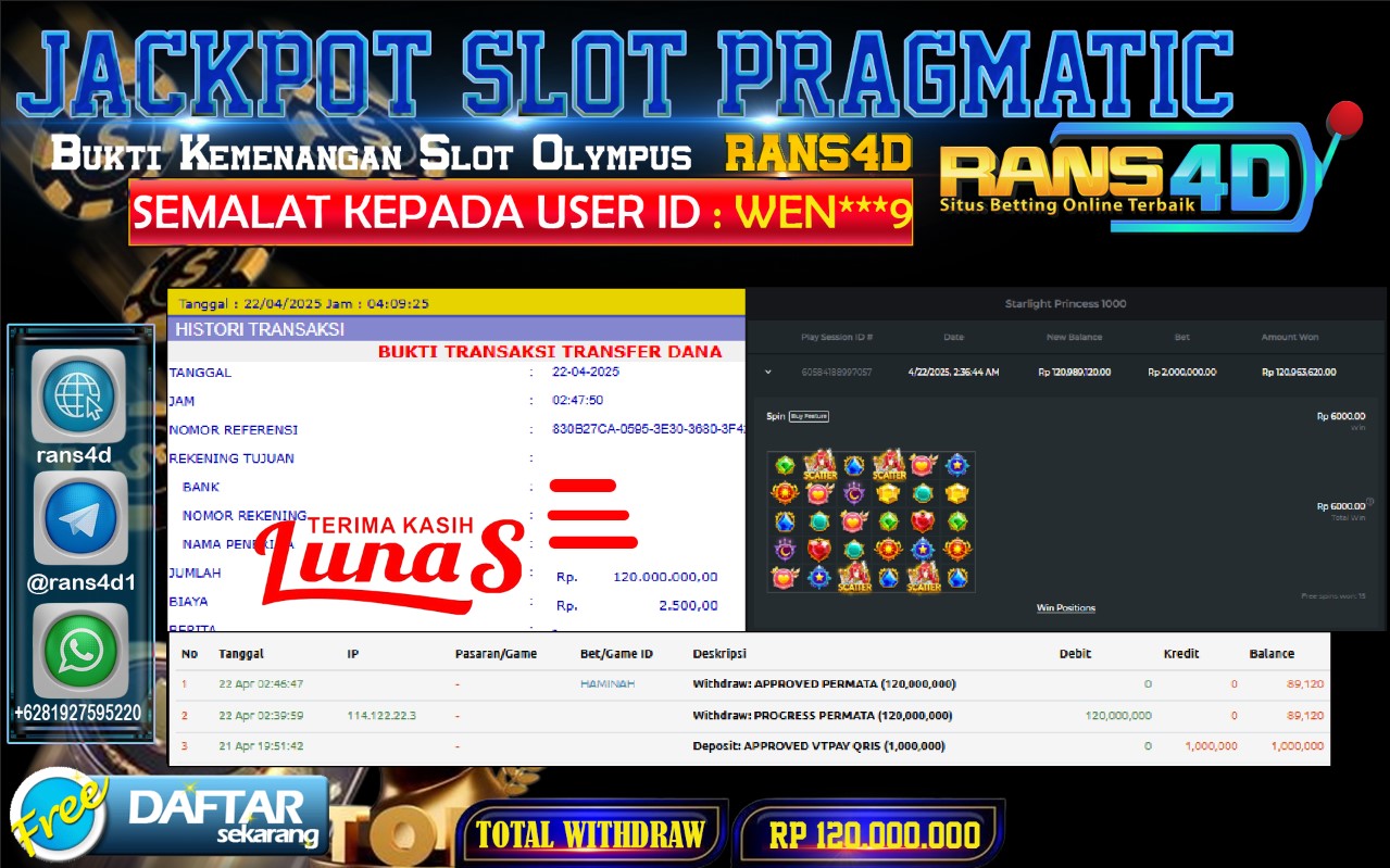 RANS4D SELAMAT JACKPOT SLOT PRINCESS 1000  RP 120.000.000; LUNAS