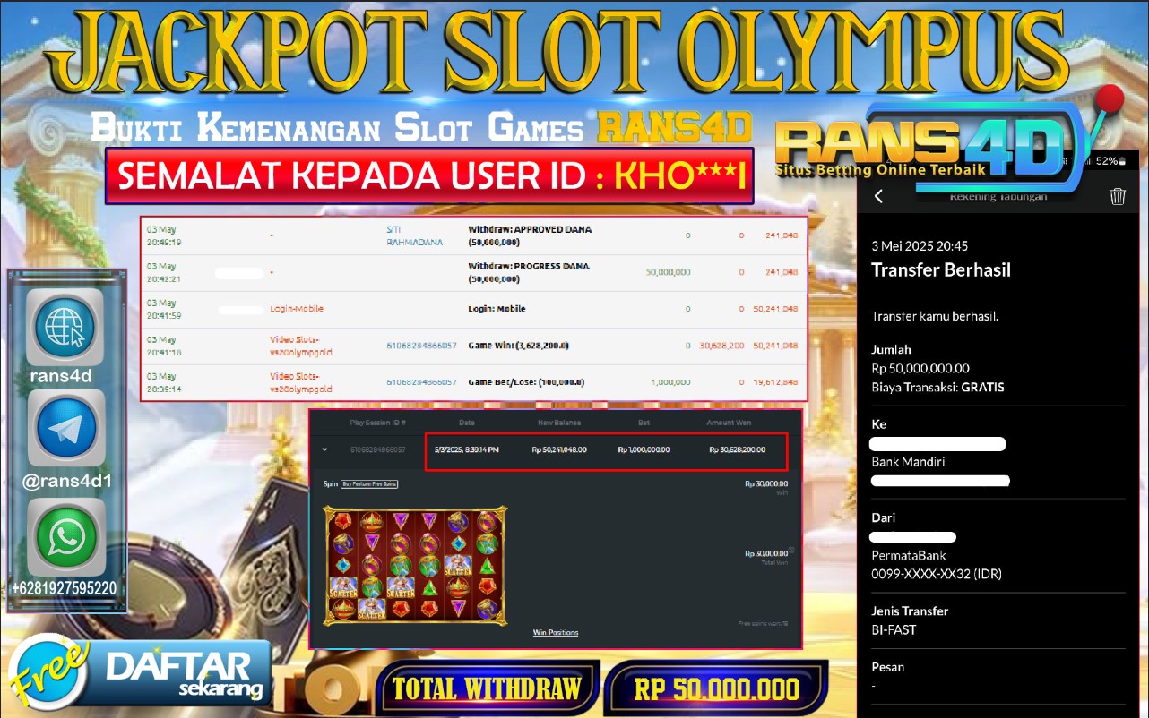 RANS4D SELAMAT JACKPOT SLOT  GAME OLYMPUS RP 50.000.000; LUNAS