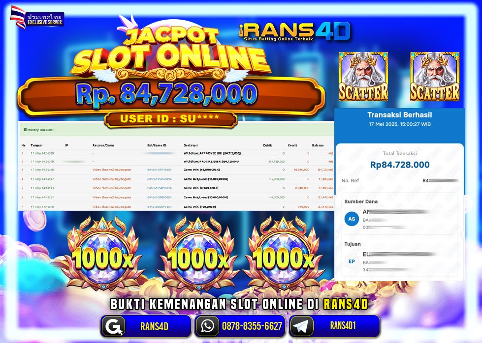RANS4D SELAMAT JACKPOT SLOT  GAME OLYMPUS 1000 RP 84,728,000; LUNAS