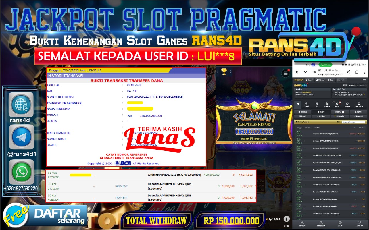 RANS4D SELAMAT JACKPOT SLOT  GAME CASINO  RP 150.000.000; LUNAS