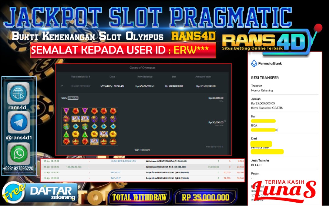 RANS4D SELAMAT JACKPOT SLOT OLYMPUS 1000  RP 35.000.000; LUNAS