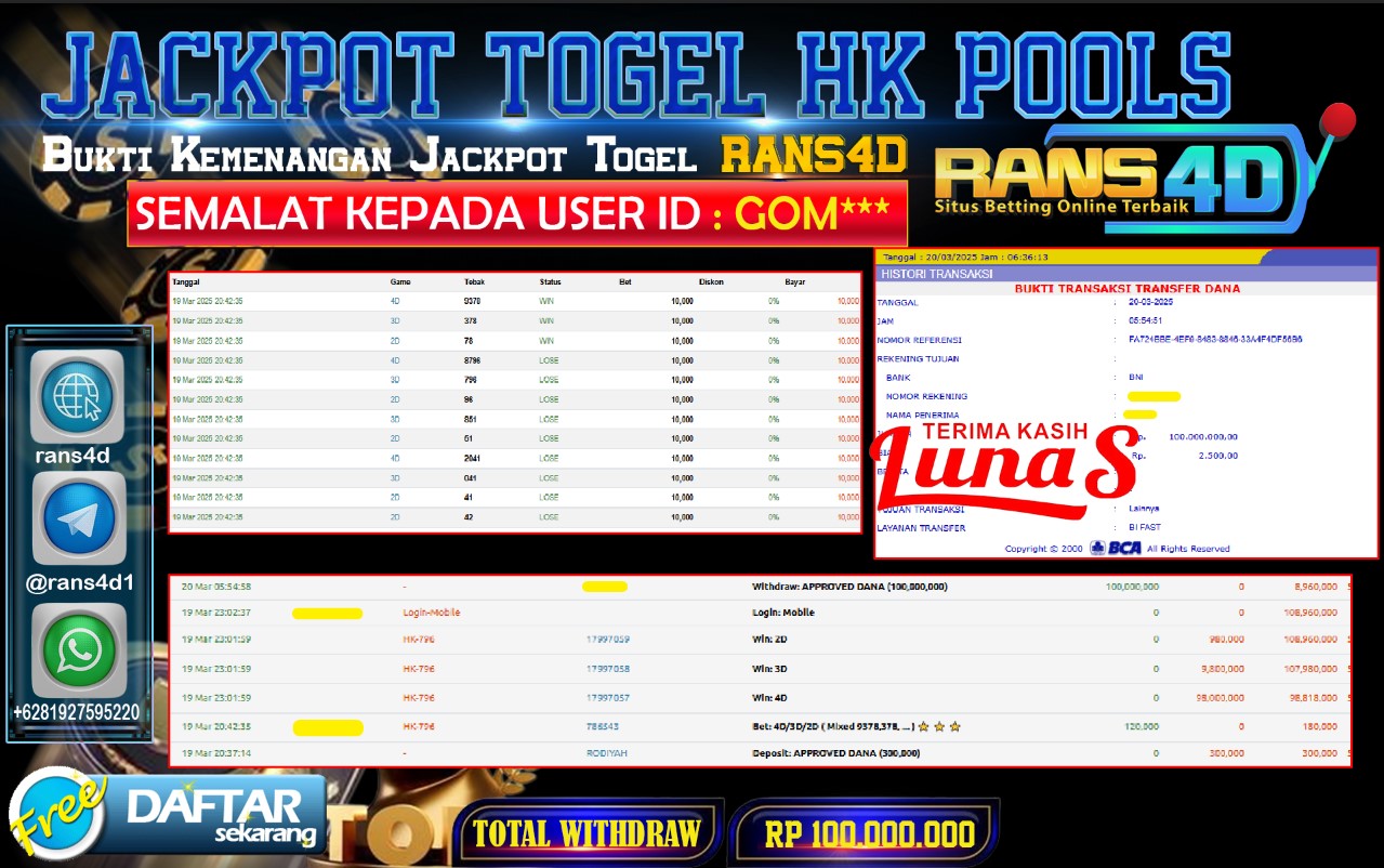 RANS4D SELAMAT JACKPOT TOGEL HK POOLS  RP 100.000.000; LUNAS