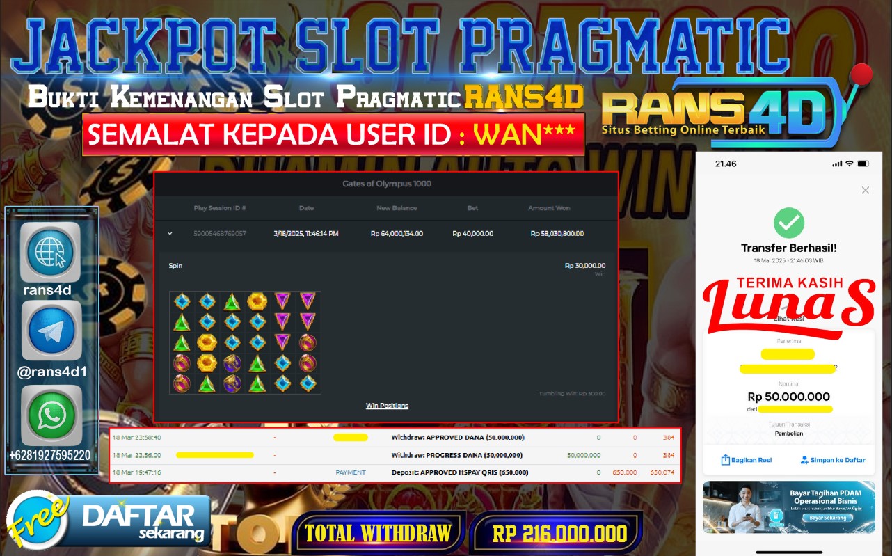 RANS4D SELAMAT JACKPOT SLOT PRAGMATIC PLAY 1000  RP 50.000.000; LUNAS
