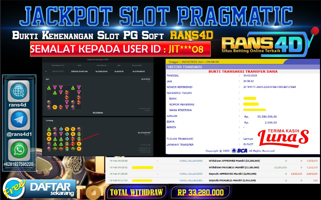 RANS4D SELAMAT JACKPOT SLOT PRAGMATIC PLAY 1000  RP 33.280.000; LUNAS