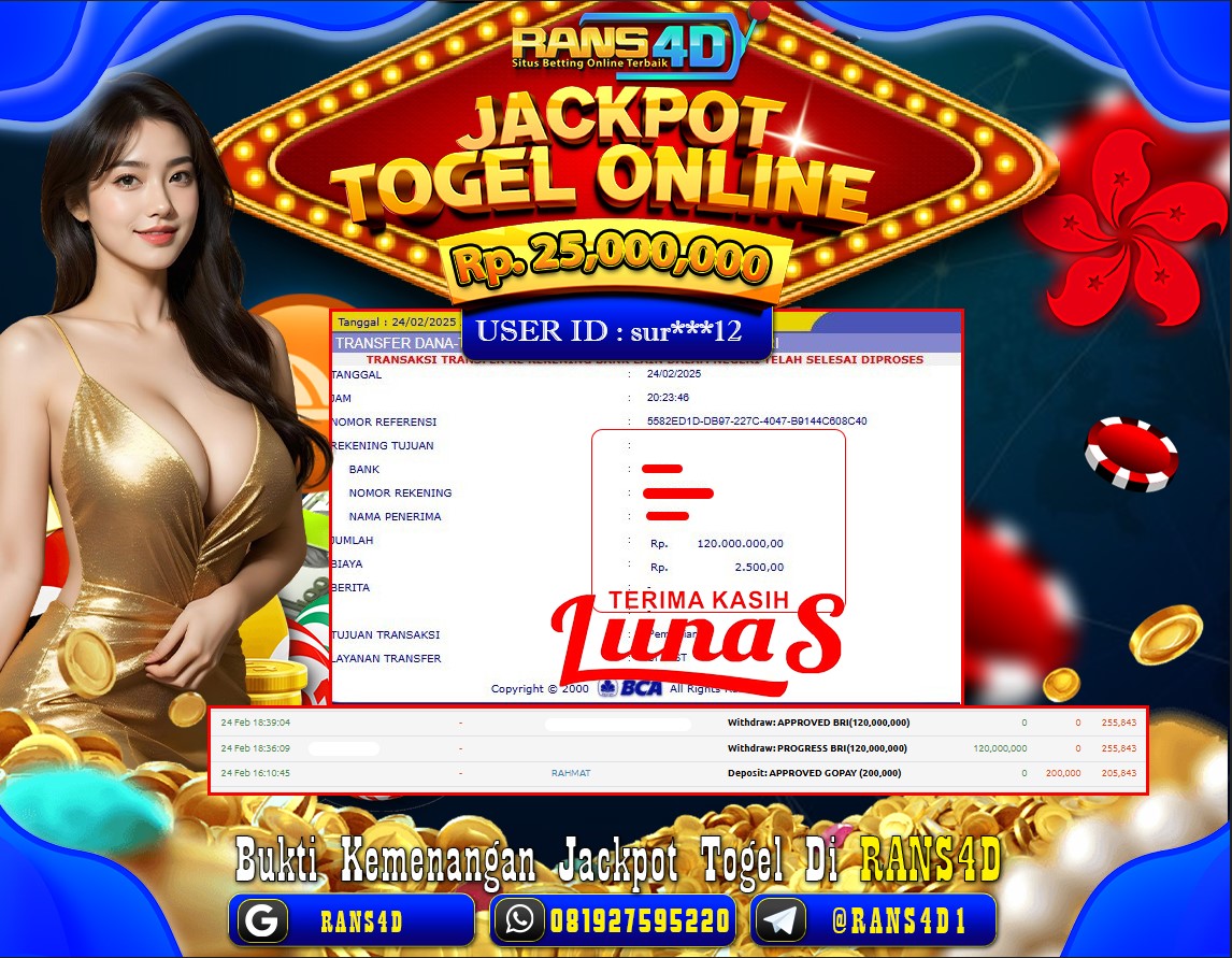 RANS4D SELAMAT JACKPOT TOGEL SGP  1000  RP 120.000.000; LUNAS