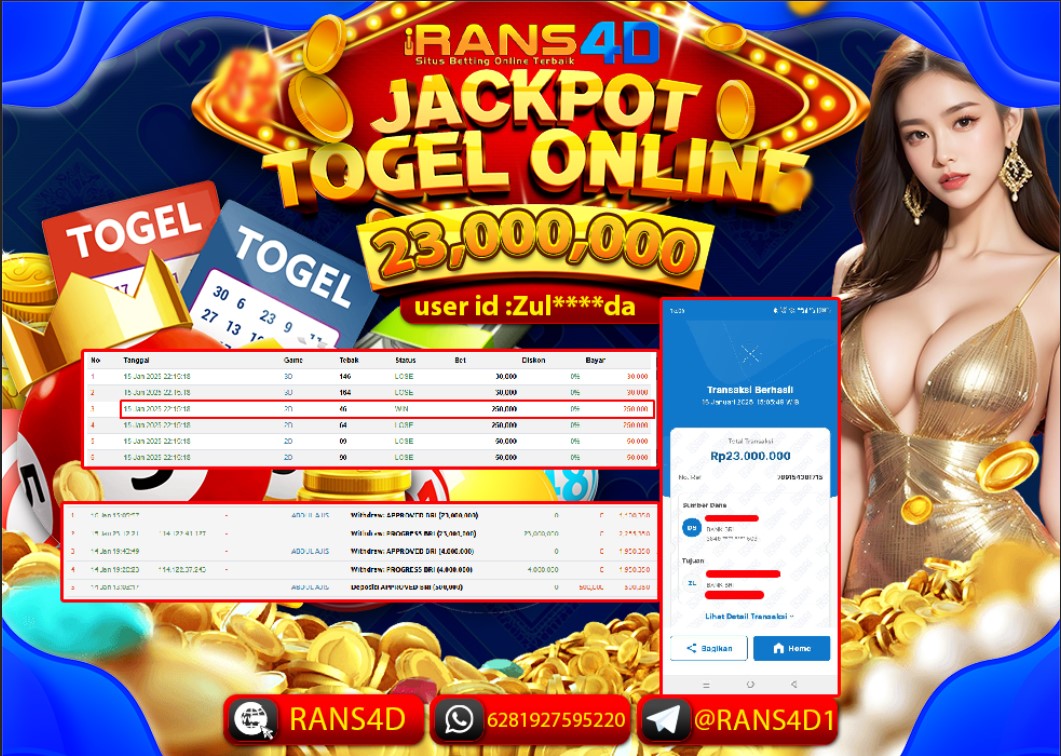 RANS4D SELAMAT JACKPOT TOGEL HONGKONG POOLS  RP 23.000.000; LUNAS
