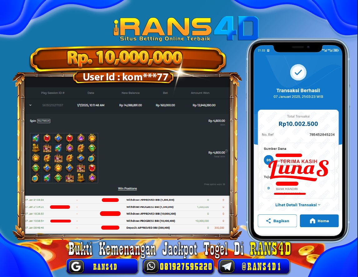 RANS4D SELAMAT JACKPOT SLOT GATOT 1000  RP 10.000.000; LUNAS