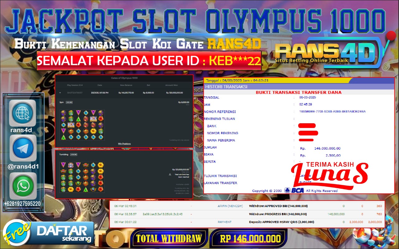RANS4D SELAMAT JACKPOT SLOT OLYMPUS 1000  RP 146.000.000; LUNAS