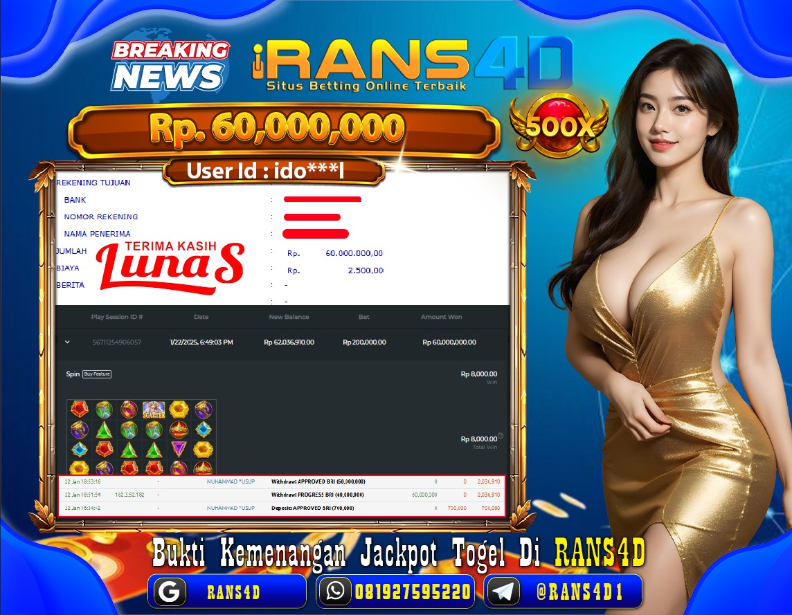 RANS4D SELAMAT JACKPOT SLOT KAKEK ZEUS 1000  RP 60.000.000; LUNAS
