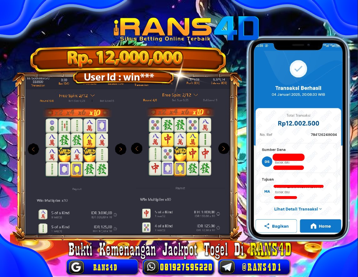 RANS4D SELAMAT JACKPOT SLOT MAHJONG WINS 1  RP 12.000.000; LUNAS