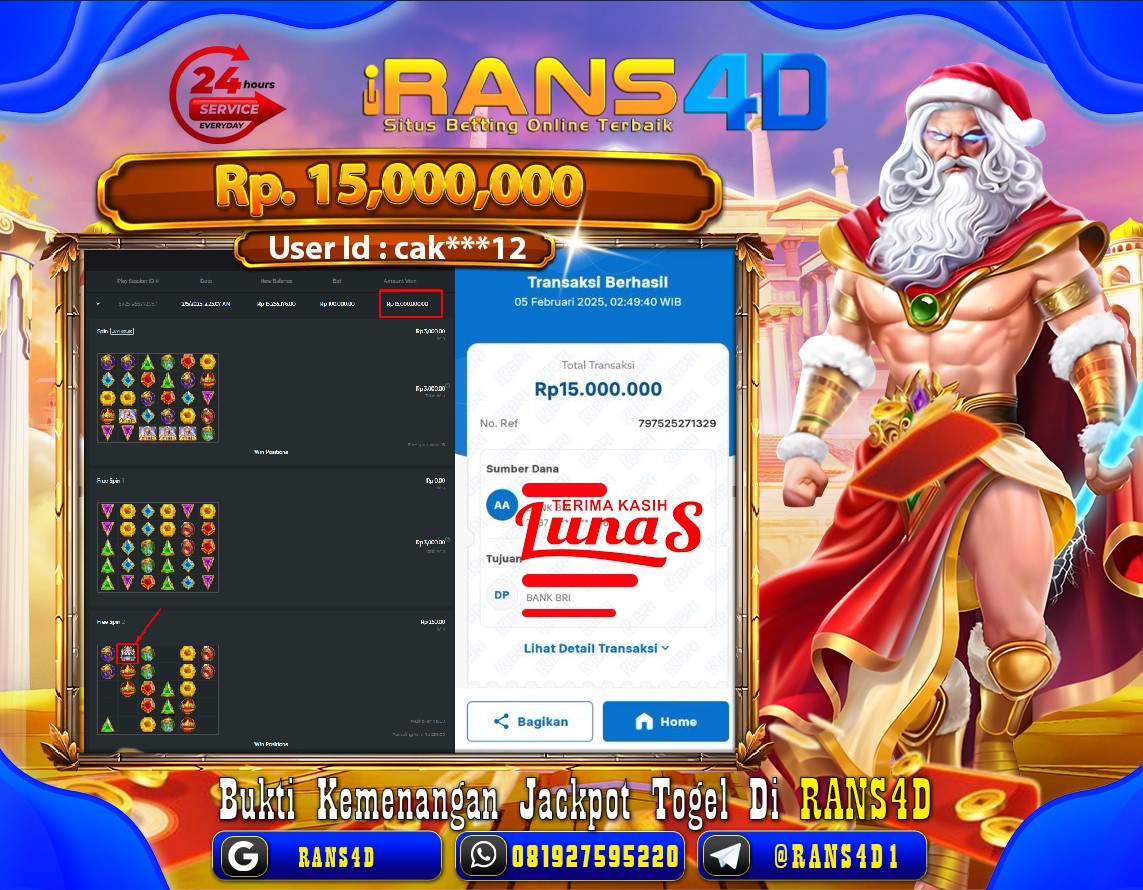 RANS4D SELAMAT JACKPOT SLOT KAKEK ZEUS 1000  RP 15.000.000; LUNAS
