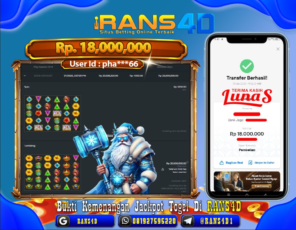 RANS4D SELAMAT JACKPOT SLOT GATES OF  OLYMPUS  RP 18.000.000; LUNAS