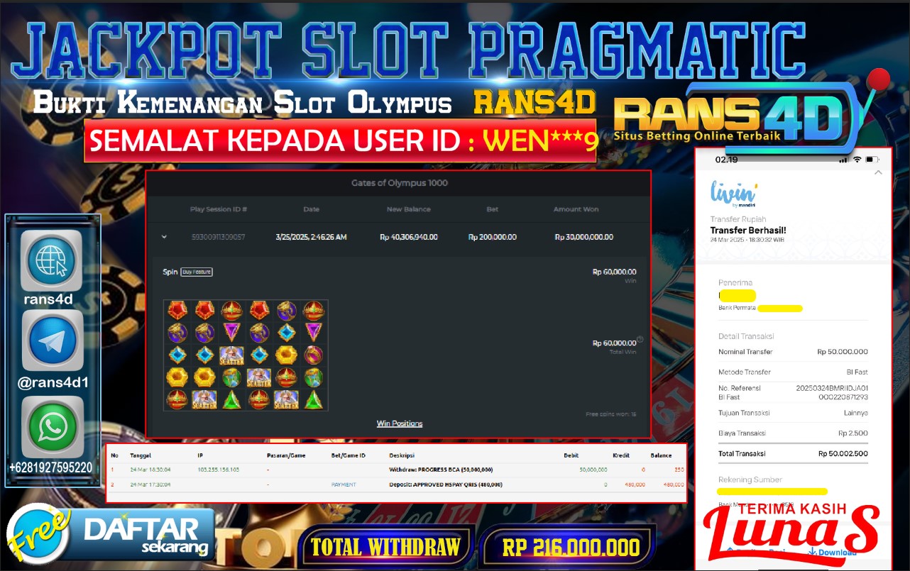 RANS4D SELAMAT JACKPOT SLOT OLYMPUS 1000  RP 50.000.000; LUNAS